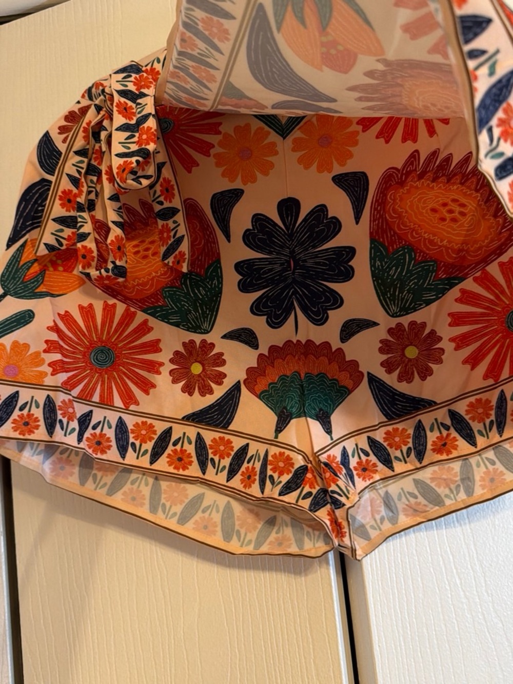 Floral Tie-Front Skort in Cream with Orange & Green Print - Picture 4 of 4